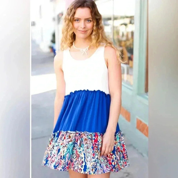 Beeson River Dress Ivory Color Block Royal Blue Floral Accent Sleeveless (S-XL) - Picture 4 of 12